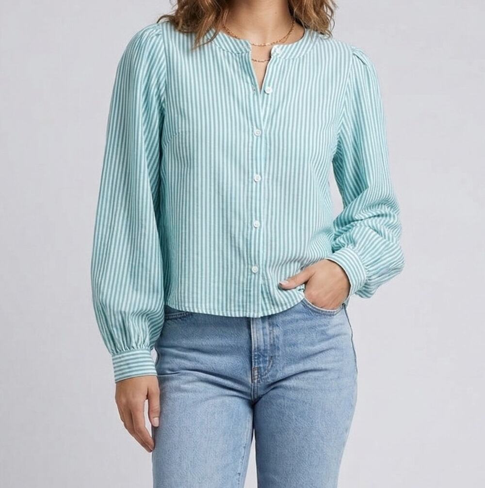 A New Day Womens Medium Striped Button Front Shirt Cotton Rayon Puff Sleeve